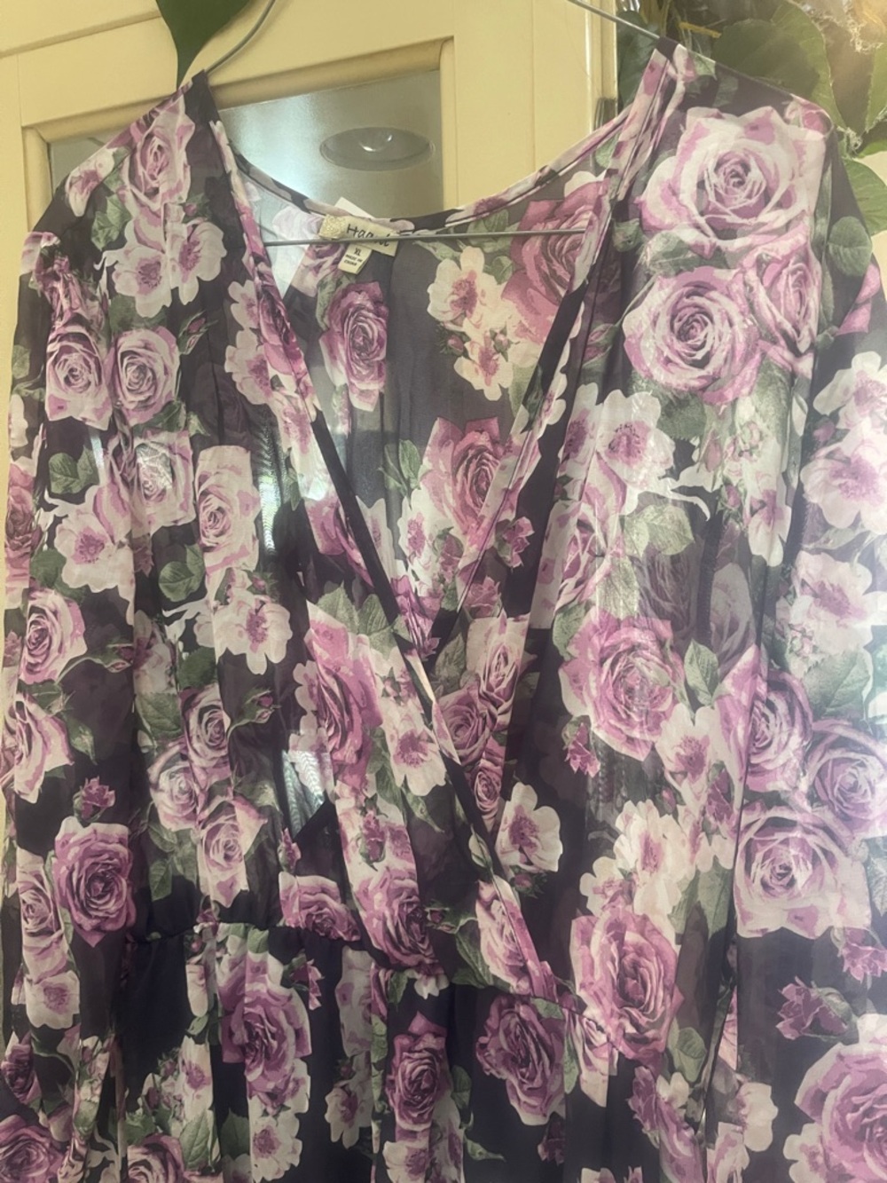 Sheer Black Floral Wrap Dress with Lavender Roses